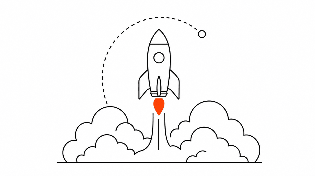 A flat black line illustration of a launch rocket with a small orange flame at its base and a dotted arc trajectory curving above it, on a white background.