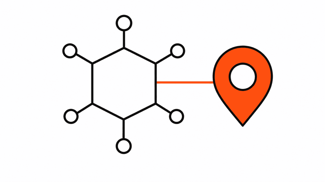 Hexagonal graph node outline with one orange connecting edge leading to a business-pin shape on a white background, representing Google's entity graph connecting a local business.