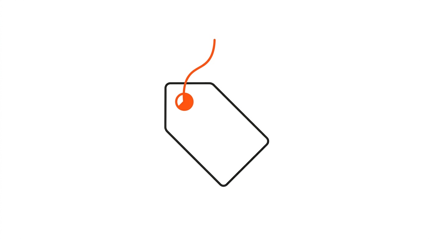 A price tag drawn in flat line work against a white field, the tag string forming an upward trend line