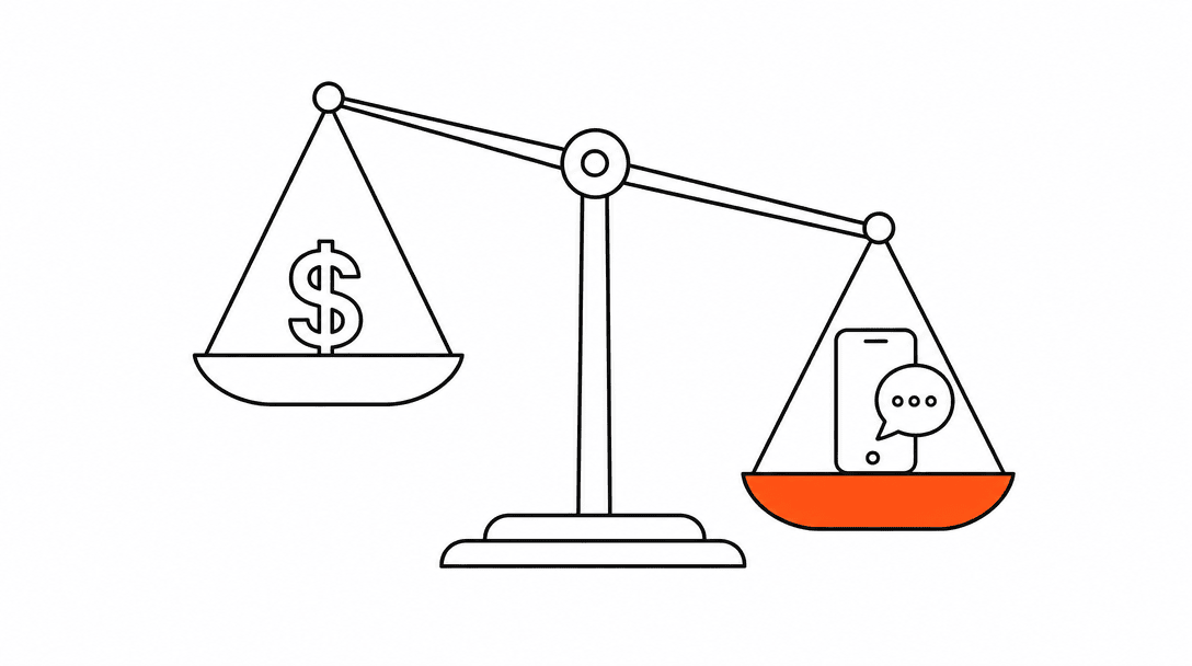 A balance scale with a dollar sign on the left pan and a phone-plus-chat icon on the right pan, the right pan tipping lower to show more value, with the right pan colored orange