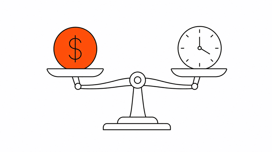 A flat balance scale in black line drawing with an orange coin on one side and a clock icon on the other, representing the tradeoff between automation cost and the time it saves.