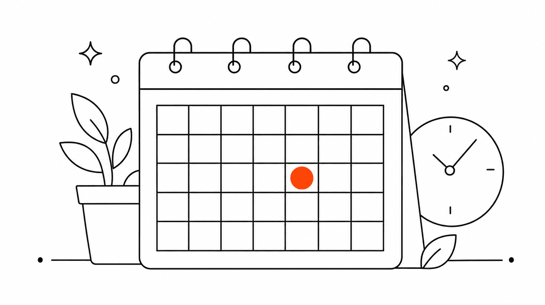 A calendar grid in black line with one orange circle highlighting a single date cell, on a white background