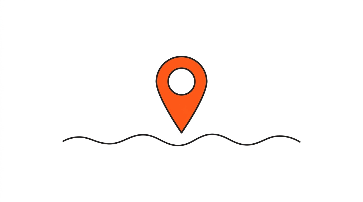 A flat line-drawn map pin marking a coastline, set against a white field in Electric Lava orange