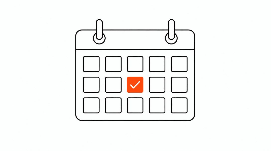 A calendar grid with one cell highlighted in orange with a checkmark, surrounded by empty cells with black outlines, conveying a single confirmed booking in a field of open slots.