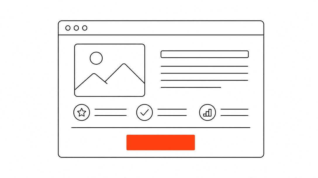 Wireframe browser window in black line art with a large orange call-to-action button at the bottom center on a white background