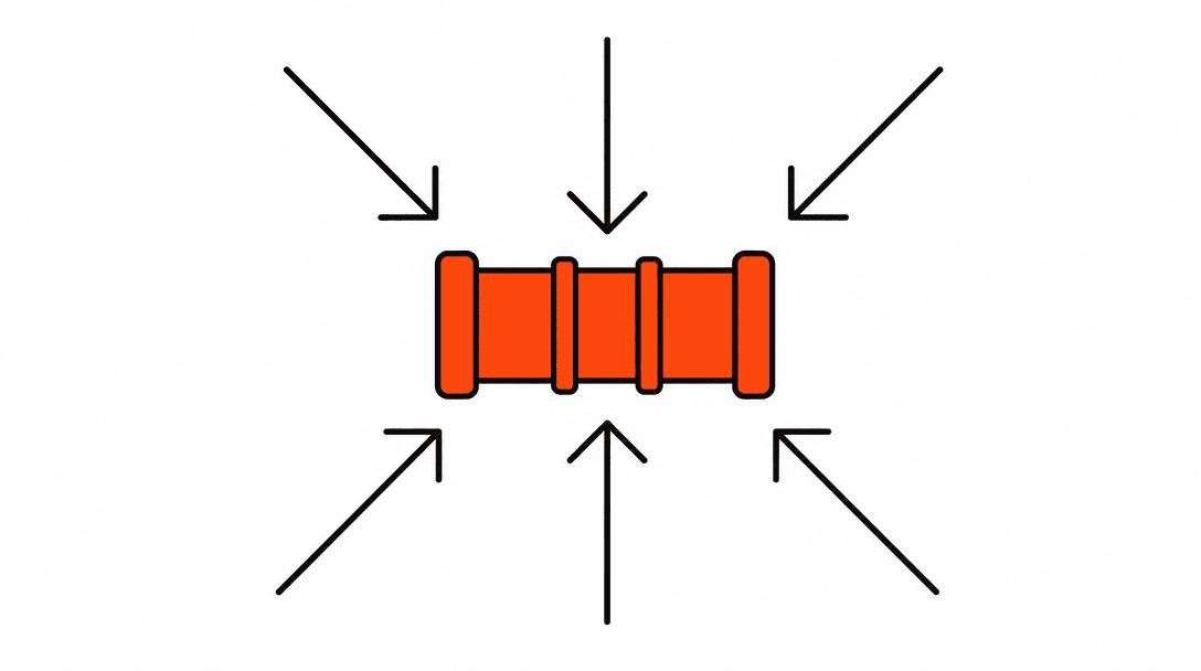 Five black line arrows converging from different angles into a single orange pipeline icon on a white background