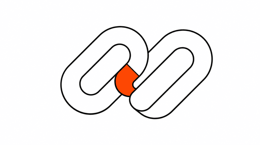 Two chain-link loops side by side on a white background: one loop in black outline, one loop with an orange accent, illustrating the concept of connected backlink authority.