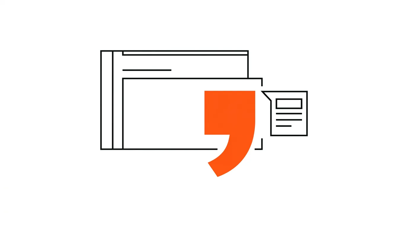 An AI answer panel with a large orange quotation mark pulling a small source card into the response, showing how an assistant cites a business.