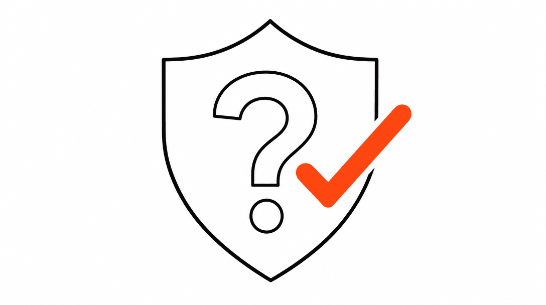 A shield icon in black line with a small question mark cutout, and an orange checkmark overlaying the right side of the shield, representing objections answered, on a white background