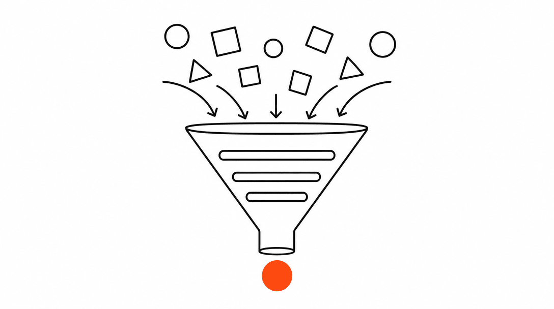 A funnel in black line with three horizontal filter slots and one orange coin dropping cleanly through the bottom, on a white background