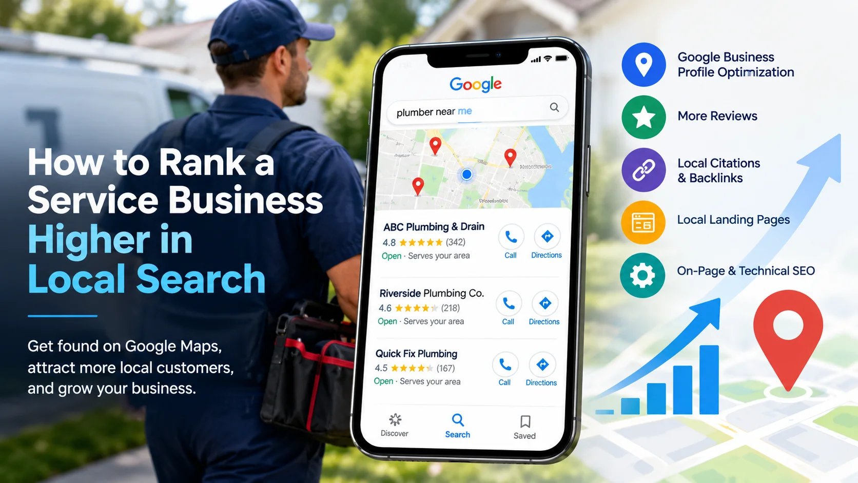 How to rank a service business higher in local search: a service technician checking a phone showing a Google search for "plumber near me" with three ranked local results, next to icons for Google Business Profile optimization, reviews, citations and backlinks, local landing pages, and on-page and technical SEO.