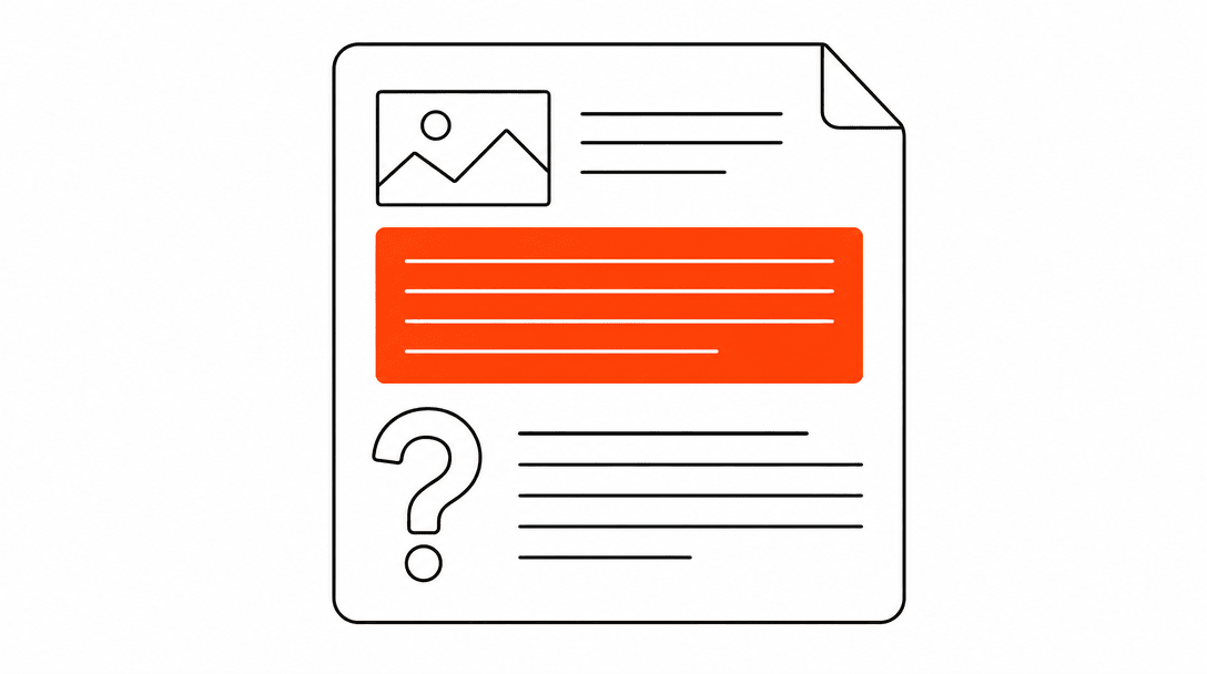 A blog post outline with a highlighted first-paragraph answer block in orange and a question-mark-shaped H2 icon below it, on a white background