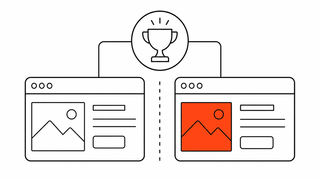 A split A/B test icon in black line showing two equal boxes side by side, with the left box plain and the right box filled with orange, representing a winning creative variant on a white background