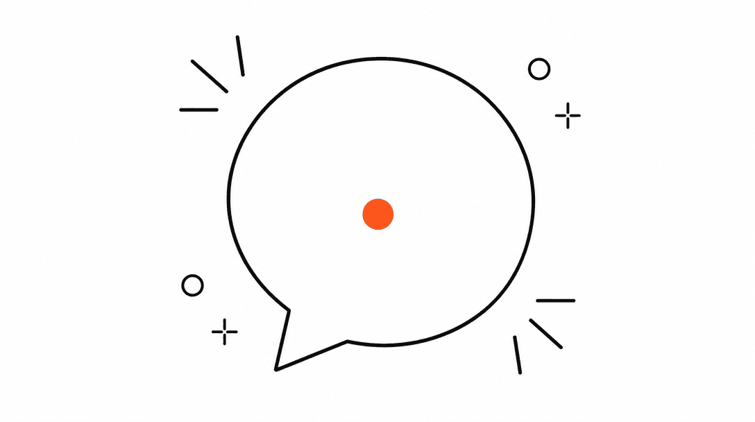 A blank speech bubble drawn in black line art with a single orange period centered inside, on a white background