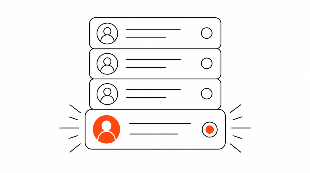 A vertical stack of contact cards, the top few greyed out, the bottom one lit with an orange glow, representing a dormant list coming back to life.