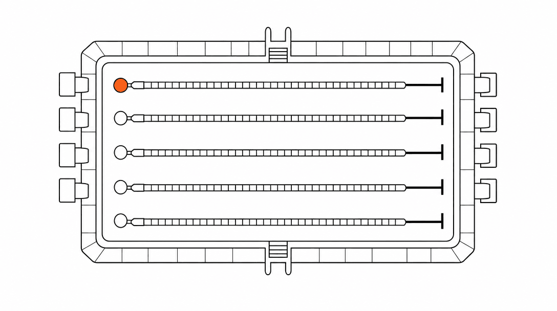 Flat overhead line drawing of a rectangular pool with lane lines, one orange accent circle on the first lane marker, white background and black lines