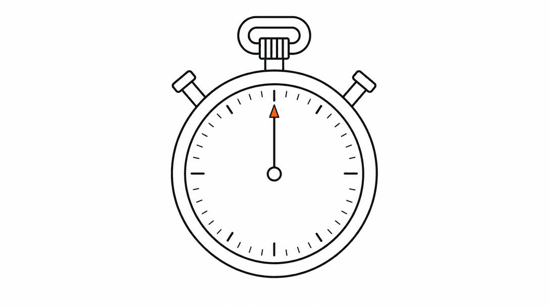 Flat line drawing of a stopwatch with the second hand at the 12, one orange accent on the second hand tip, white background, black lines.
