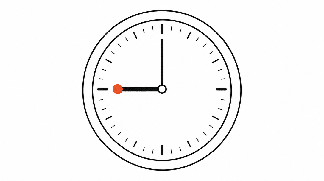 Flat line drawing of a clock face showing 9 p.m. with the minute hand emphasized, one orange accent circle at the 9, white background, black lines.