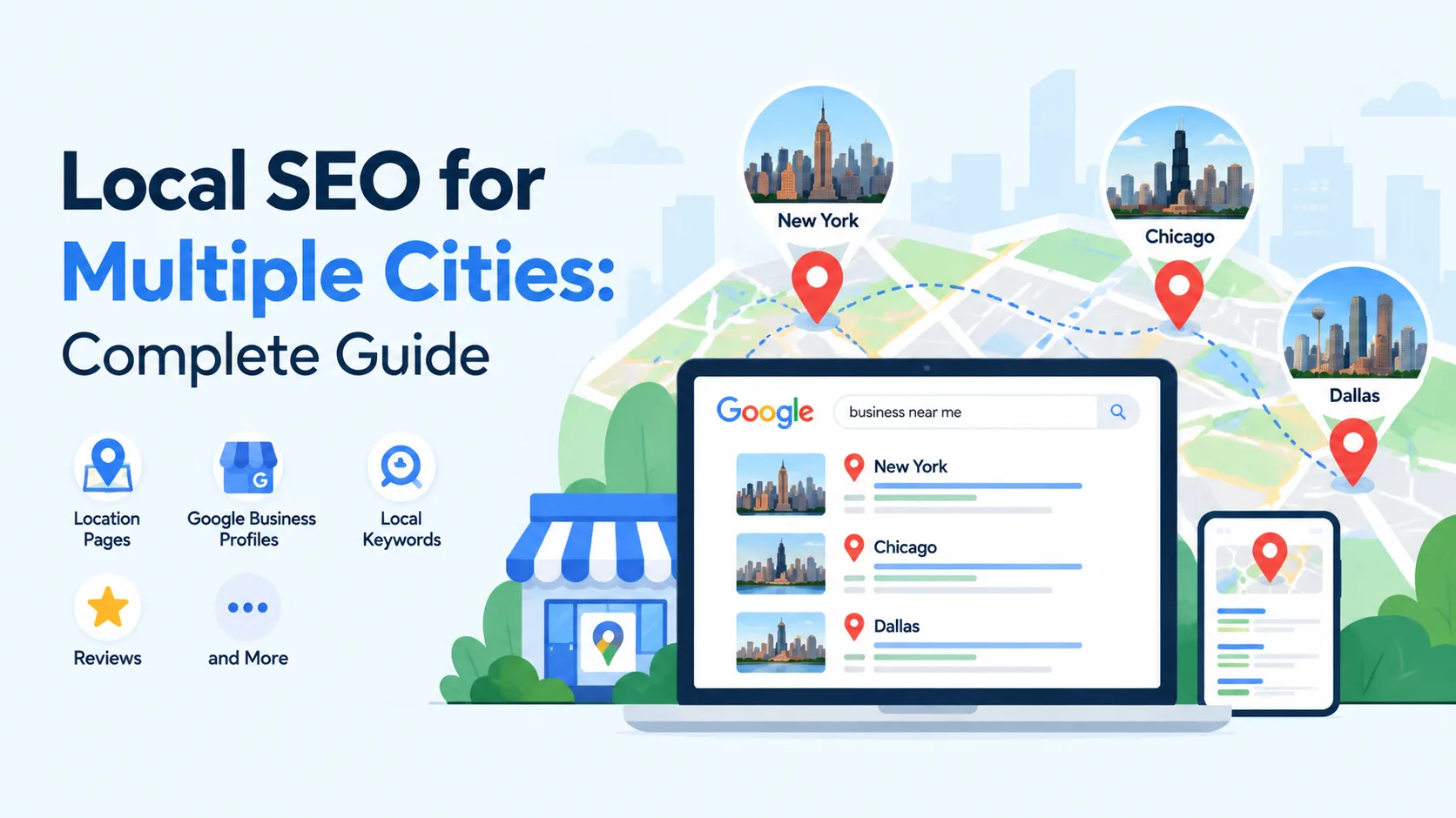 Local SEO for multiple cities: a laptop showing a Google search for "business near me" with ranked results for New York, Chicago, and Dallas, next to a map with pins connecting each city and icons for location pages, Google Business Profiles, local keywords, and reviews.