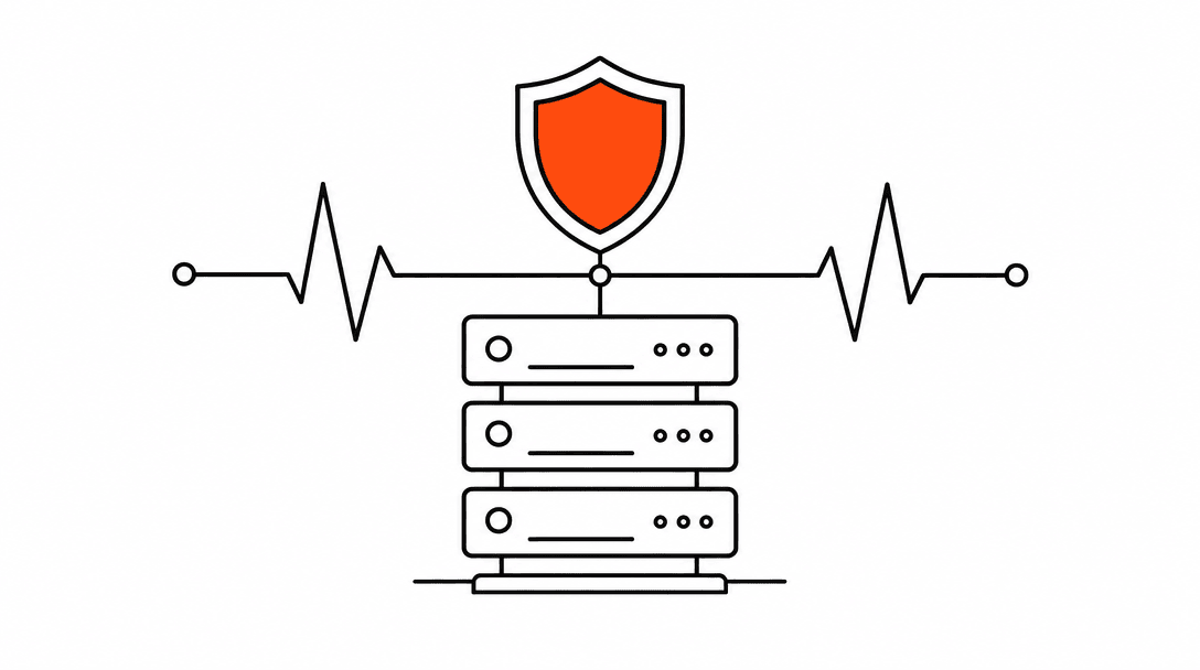 Flat line illustration of a server stack with a shield icon floating above it connected to an uptime pulse line, orange accent on the shield representing protected and continuously monitored infrastructure