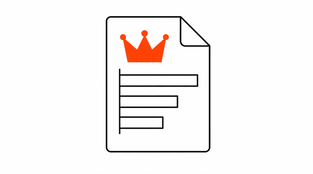 A paper report page in black line art showing three horizontal bar charts and a small orange crown at the top, representing a branded client delivery