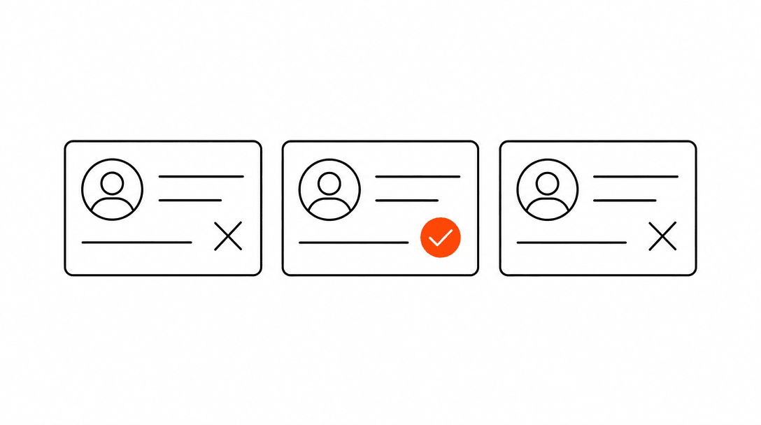 Three identical business card outlines in a row on a white background, the first two with a faint orange X marking one detail line to indicate an error, the third with an orange checkmark showing clean, consistent data.
