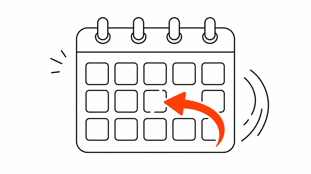 A calendar slot shown empty with an orange arrow curling back into it, representing a missed appointment being recovered, on a white background with black line illustration.
