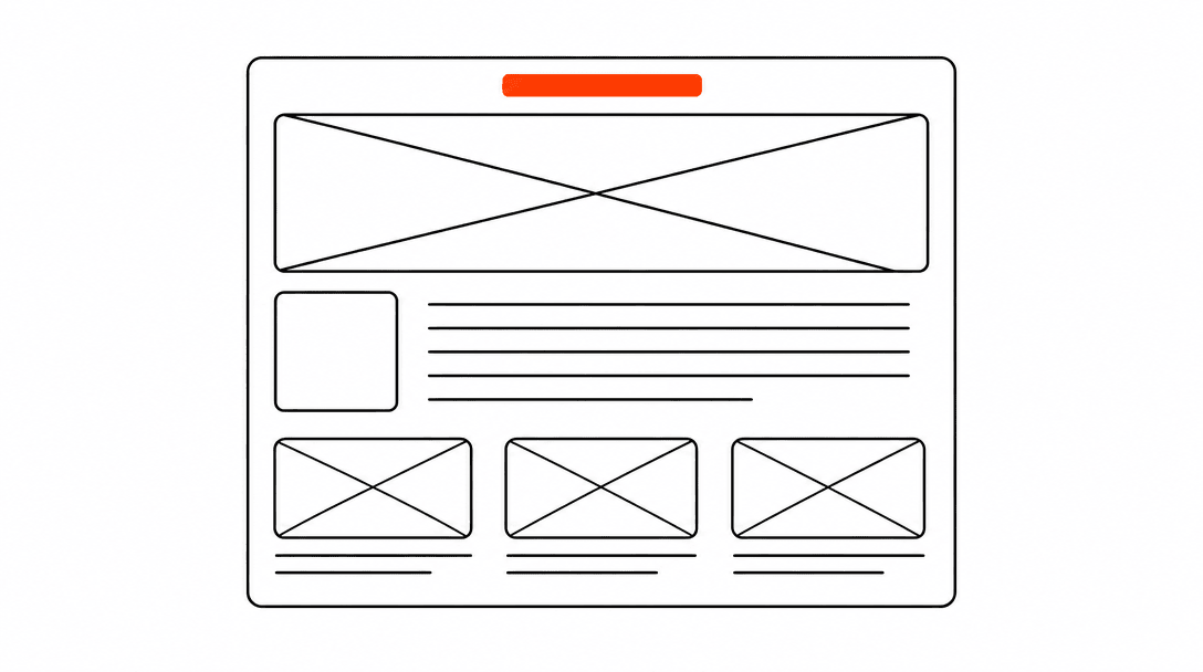 Webpage wireframe outline with a single orange title-tag bar glowing at the top, all other content areas empty, on a white background