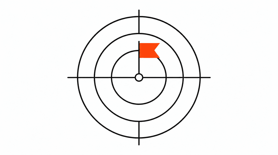 Target crosshairs in black line art with an orange flag planted at the center bullseye and three concentric circles representing prospect tiers on a white background