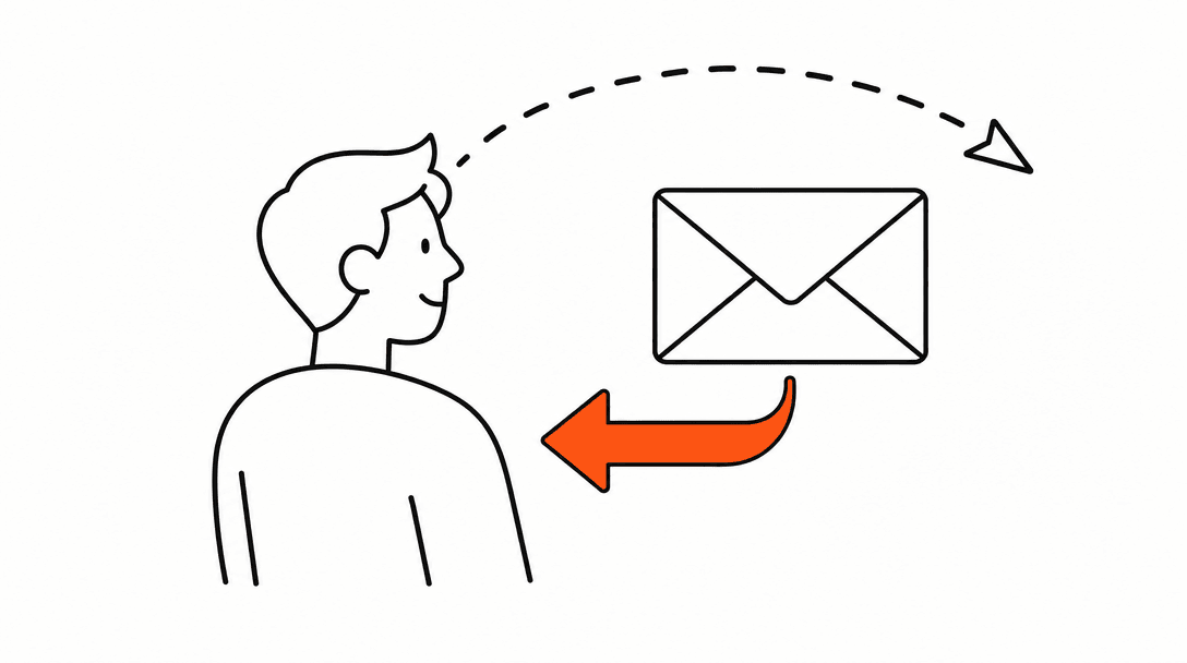 Black line envelope with a dotted arc showing it sent outward, and an orange reply arrow returning back toward the sender, on a white background