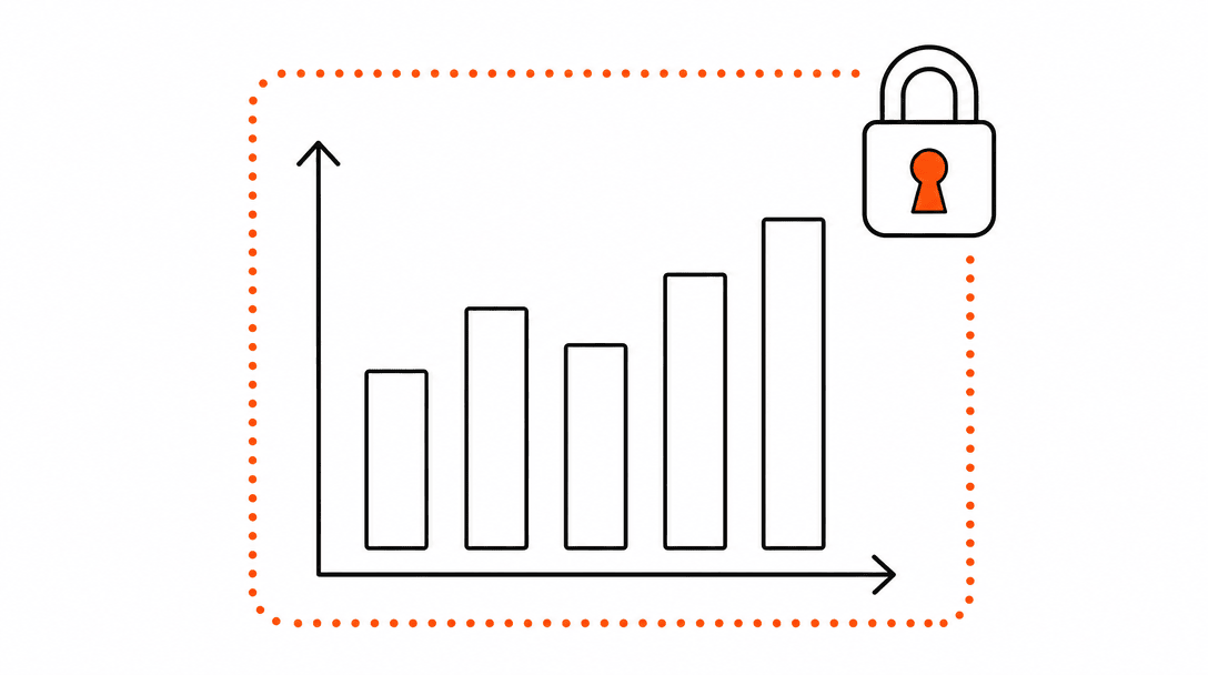A simple bar chart with clean data bars overlaid with a closed padlock icon in the top corner and an orange dotted border around the entire chart area, representing analytics data contained within your own boundary.