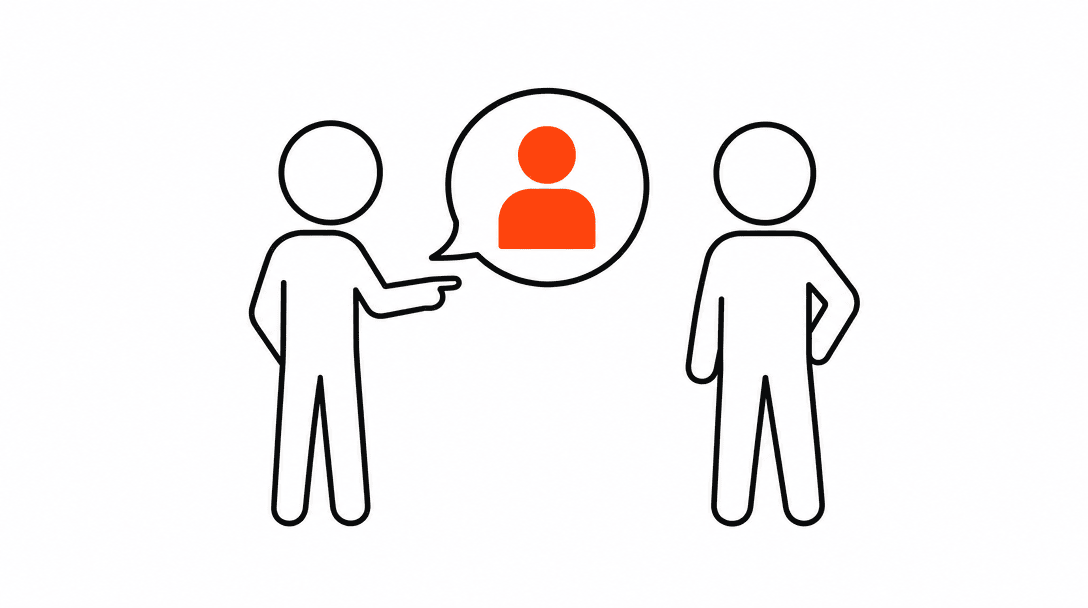 Two stick-figure silhouettes, one pointing toward the other, with a small orange speech bubble between them representing a referral mention