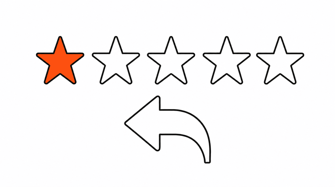 Five-star rating outline with one star filled orange and a small reply-arrow icon beneath it, on a white background