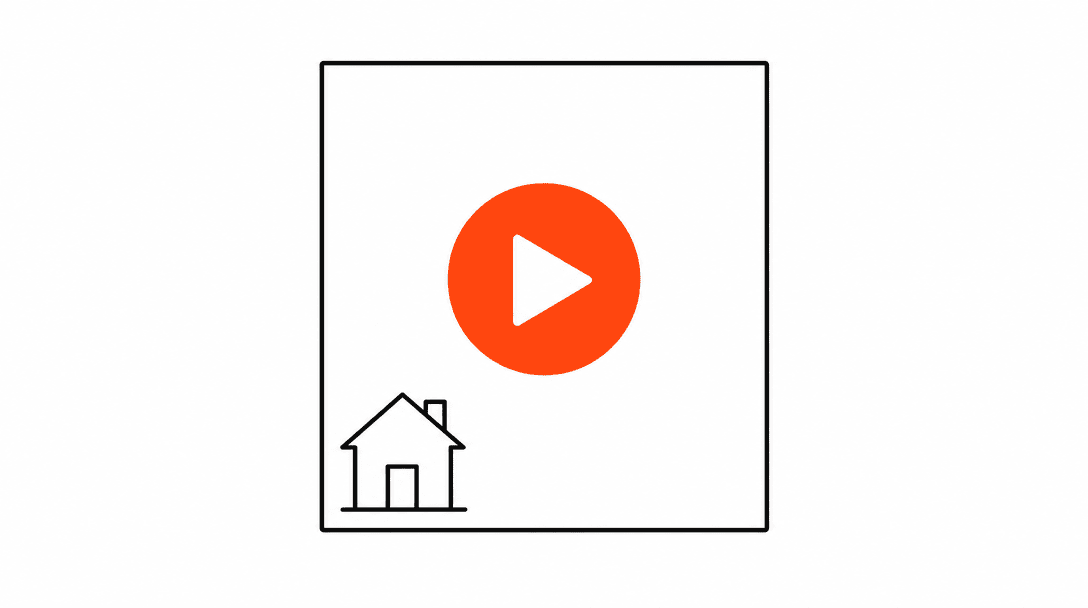 A square frame in black line representing a Meta ad, with an orange play button centered inside and a small house icon in the lower-left corner, on a white background
