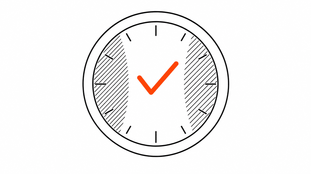 A flat black line-art clock face with shaded gray zones at both ends of the dial representing quiet hours, and an orange checkmark in the center open window representing the compliant send window.