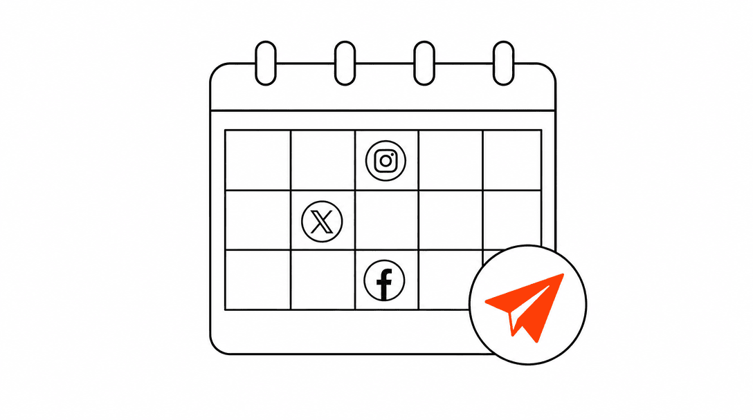 A calendar grid in black line art with small social platform icons placed in three calendar cells and an orange scheduled-send arrow icon in the corner, representing batch scheduling across multiple channels.