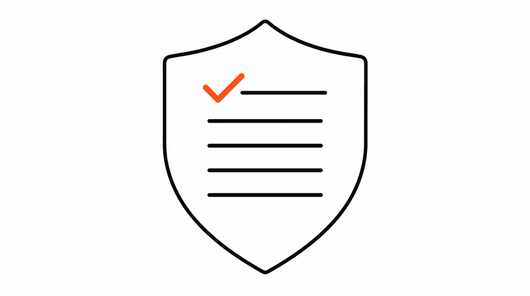 A shield outline with five short horizontal lines inside it resembling a config file, each line slightly indented, with an orange checkmark over the top line representing layered security headers in clean flat Axiom style