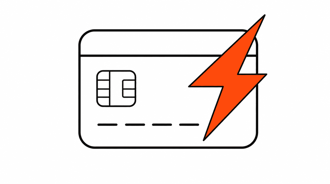 A flat black line illustration of a credit card with a small orange lightning bolt through the corner, representing a payment recovery trigger