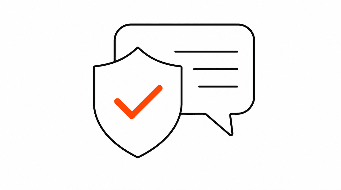 Flat black line illustration of a shield with an orange checkmark in the center and a text message bubble behind it, representing compliant message delivery.