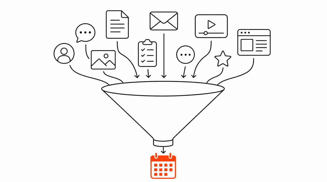 A wide funnel shape in black line art, narrowing toward the bottom to a single orange calendar icon, on a white background