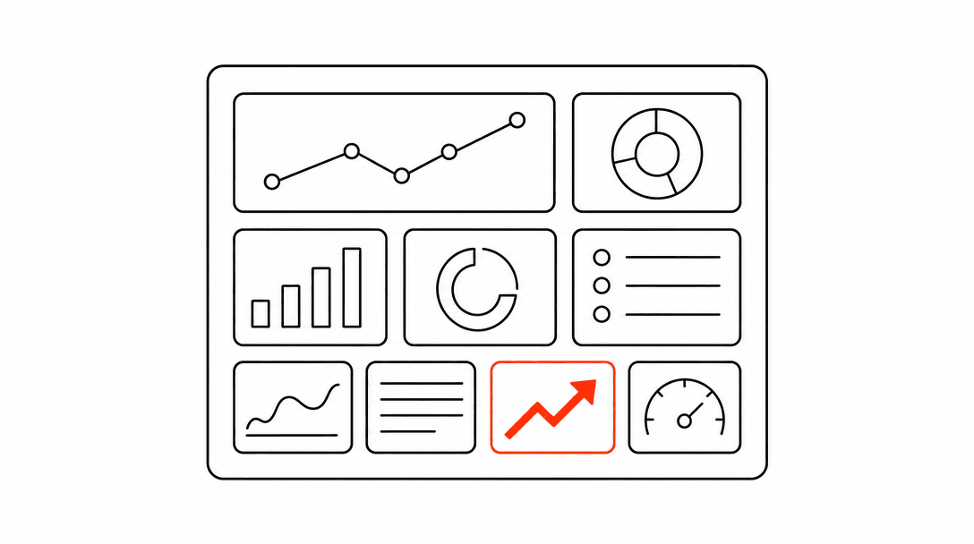 Dashboard outline with seven small metric boxes arranged in a grid, one box outlined in orange with an upward arrow inside it, on a white background