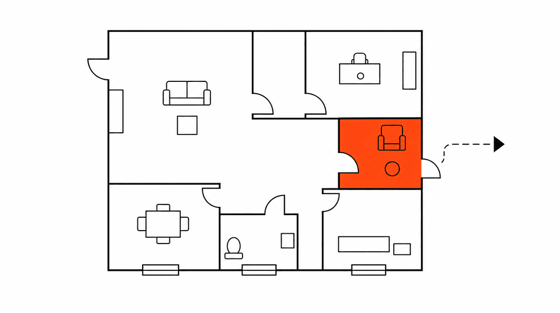 Black line floor plan of a building with one room highlighted in orange, representing the single stage in a website funnel where visitors consistently get stuck and leave