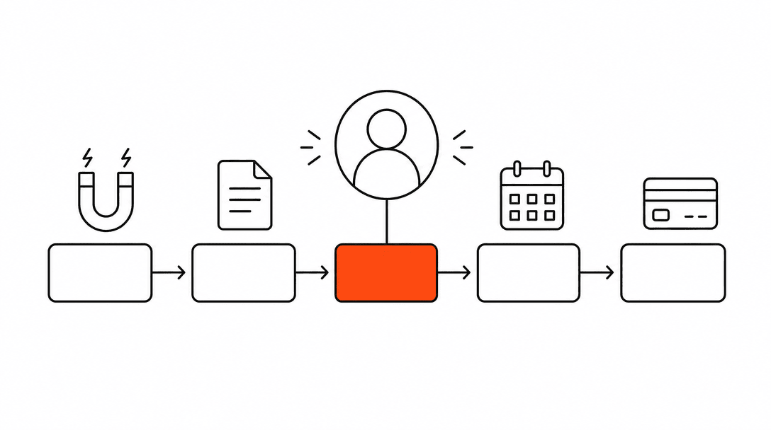 A horizontal pipeline diagram with five labeled stage boxes: New, Quoted, Followed-Up, Booked, and Paid, connected by arrows, with one orange filled stage box showing a lead advancing through the system