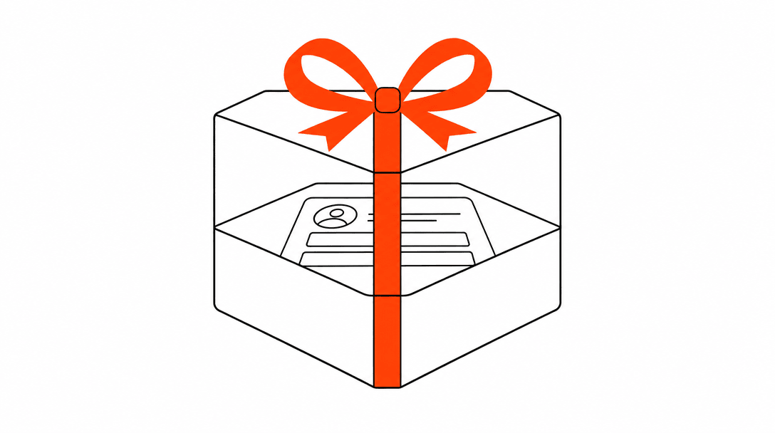 A gift box drawn in black line art with an orange ribbon on top, its transparent lid revealing a small form icon inside, on a clean white background
