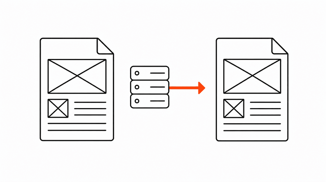 Two document icons side by side, left is a static flat rectangle representing a template site, right has an orange server arrow feeding styled HTML into a browser window representing on-demand server-rendered page generation
