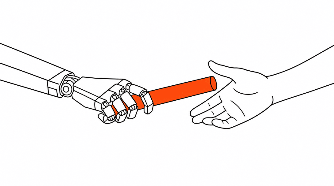A baton mid-pass between two hands: the left hand angular and mechanical, the right hand rounded and human, the baton colored orange.