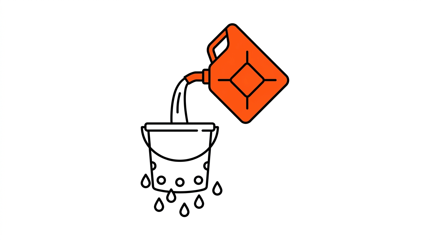 A fuel funnel pouring into a cracked container with a single orange leak at the base, illustrating ad spend lost through a broken receiving system.