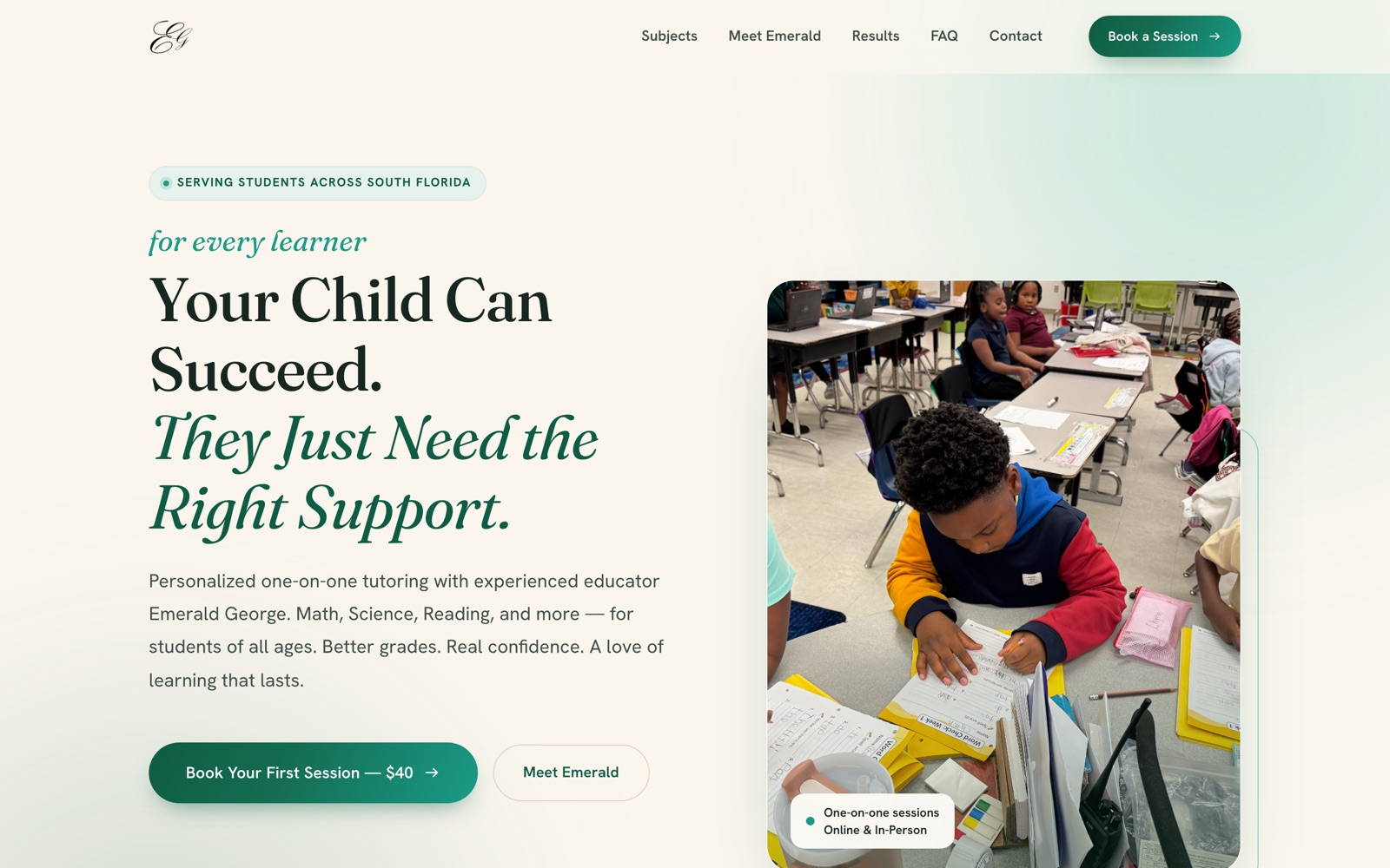 EG Tutoring website hero, designed by Lyfework