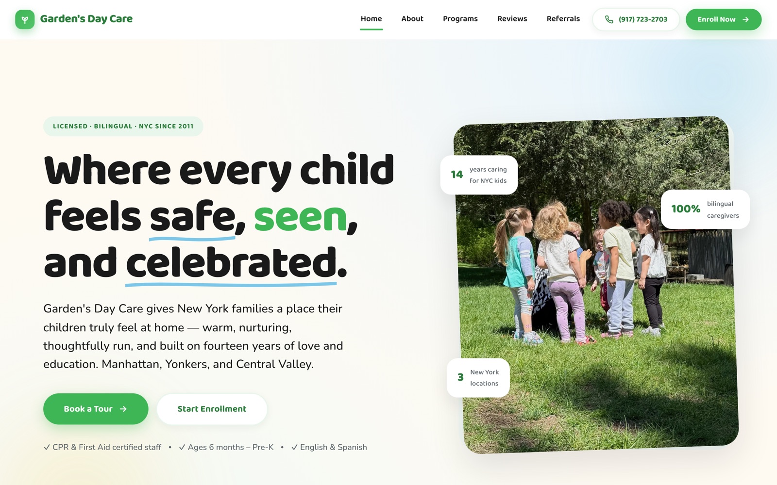 Gardens Day Care website hero, designed by Lyfework