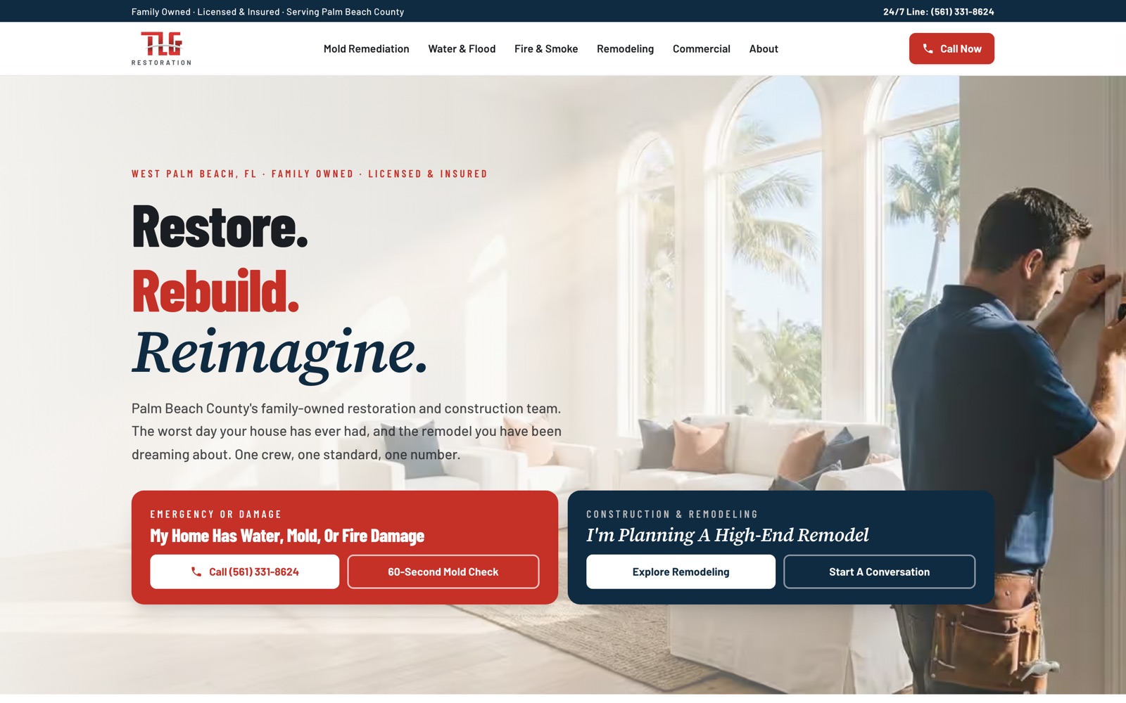 TLG Restoration website hero, designed by Lyfework
